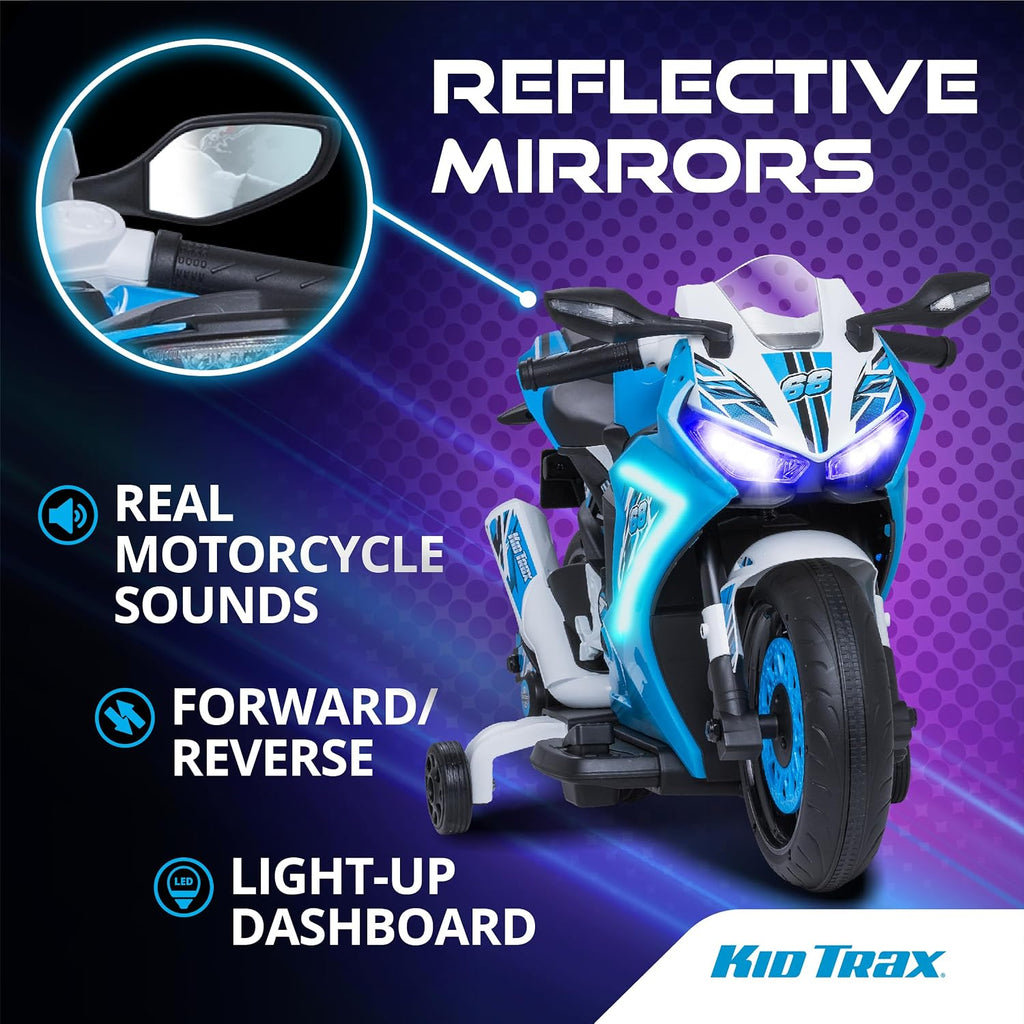 Kid Trax 6V Glow Electric Toddler Kids Motorcycle - Toddler Bike, Indoor/Outdoor Toys, Durable, LED Headlights and Body Light, Realistc Sounds, Kids Ride On Toys, Max Weight 65lbs, Ages 3+, Blue