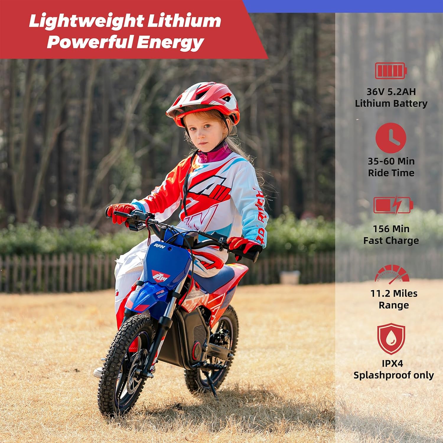 RFN E250 36V Kids Electric Dirt Bike, Electric Motorcycle with 400W Motor | 15.5 mph Max Speed,11.2-Mile Range & 3 Speeds for Ages 3-6