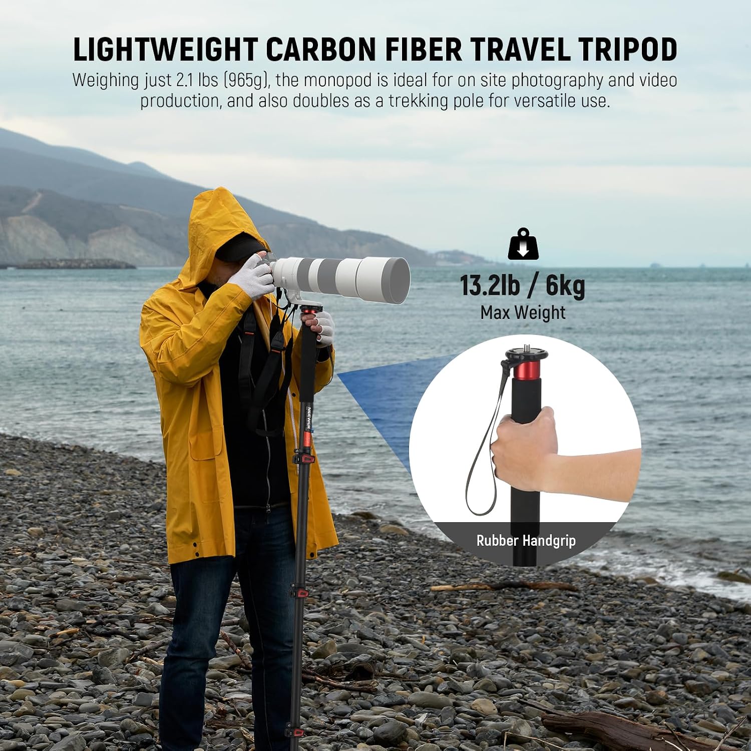 NEEWER 67.7' Camera Monopod Stand, Lightweight Carbon Fiber Travel Tripod with Detachable Base for DSLR Camcorder Video Recording, Telescopic Selfie Stick Trekking Pole, Max Load 13.2lb, TP71
