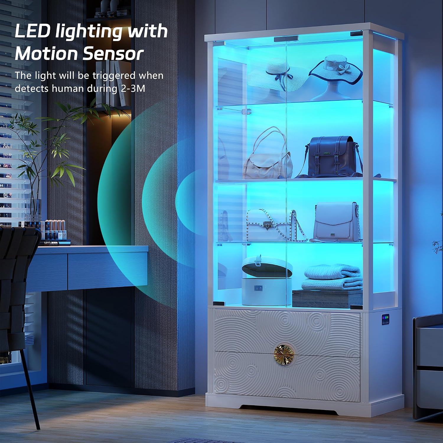 TAGELIER RGB Glass Display Cabinet with Door, 4-Tier Curio Cabinet with 2 Drawers and Adjustable Glass Height Showcase, Display Case with 3 LED Light and Human Body Sensor, White