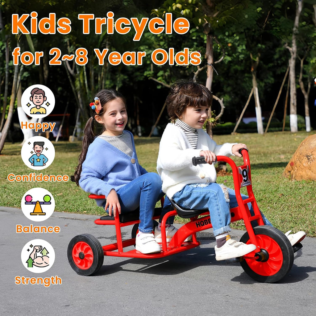 Kids Tricycle for Ages 2-8, Kids Trike Bike, Preschool Daycare Tandem Tricycle with Adjustable Seat, Airless Rubber Tires and Rear Padded Seat, Gift for Boys and Girls