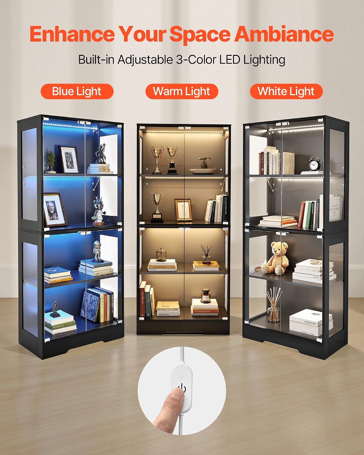VEVOR Display Cabinet with Glass Doors, 65 in Tall Lighted Display Case with 3 Color Lights, 4-Tier Curio Collectibles Storage Cabinet, Bookshelf Bookcase for Pantry Bedroom Living Room Office