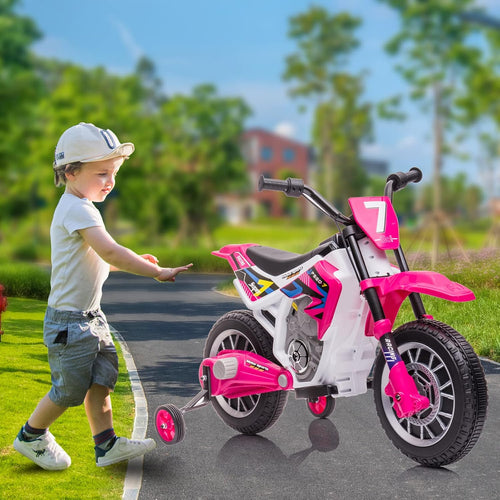 12 Volt Girls Electric Motorcycle with Training Wheels Kids Dirt Bike Battery Powered Ride On Toy Rechargeable Motorbike with 2 Speeds Music Player Shock Absorber, Rose Pink