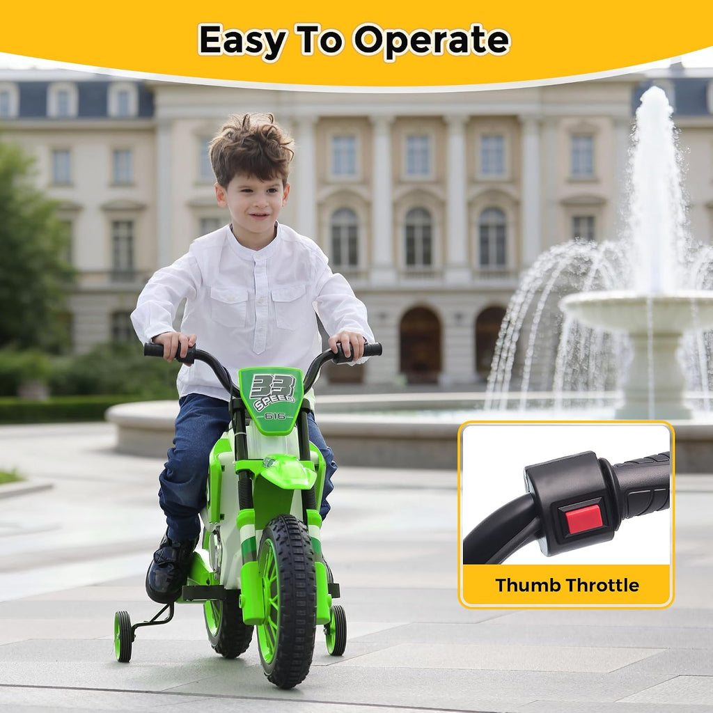 TOBBI Electric Motorcycle for Kids 12V Dirt Bike Ride on Toy Battery Powered Motorbike Off-Road Motocross Kid Motorized Vehicles w/ 2 Speeds, 35W Dual Motors, Training Wheels, Green
