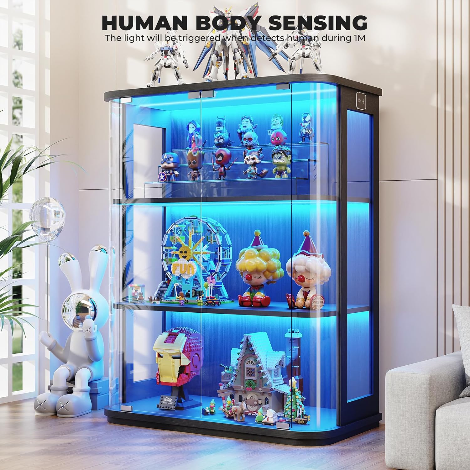 BROTTAR Rounded Display Cabinet with Glass Door, 3-Tier Curio Cabinet with 3 Color Lights for Collectibles, Glass Display Case with Transparent Full-Display Surface, Human Body Sensor, Black