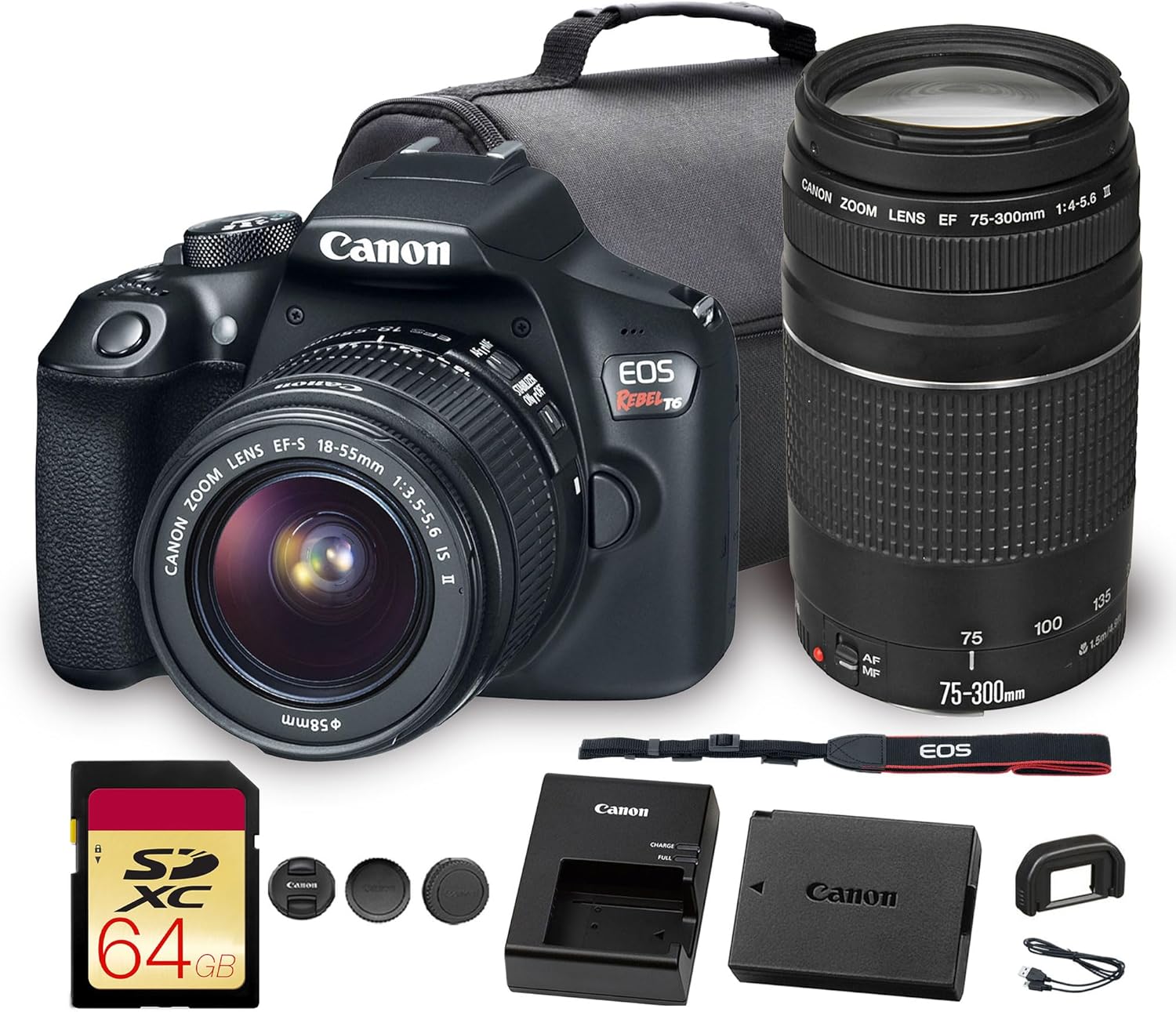 Canon EOS Rebel T6 DSLR Camera with 18-55mm Lens| 18MP APS-C CMOS Sensor, Built-In Wi-Fi & Full HD Video| Great for Travel & Everyday Photography (1159C003) + Canon EF 75-300mm f/4-5.6 III Lens + More