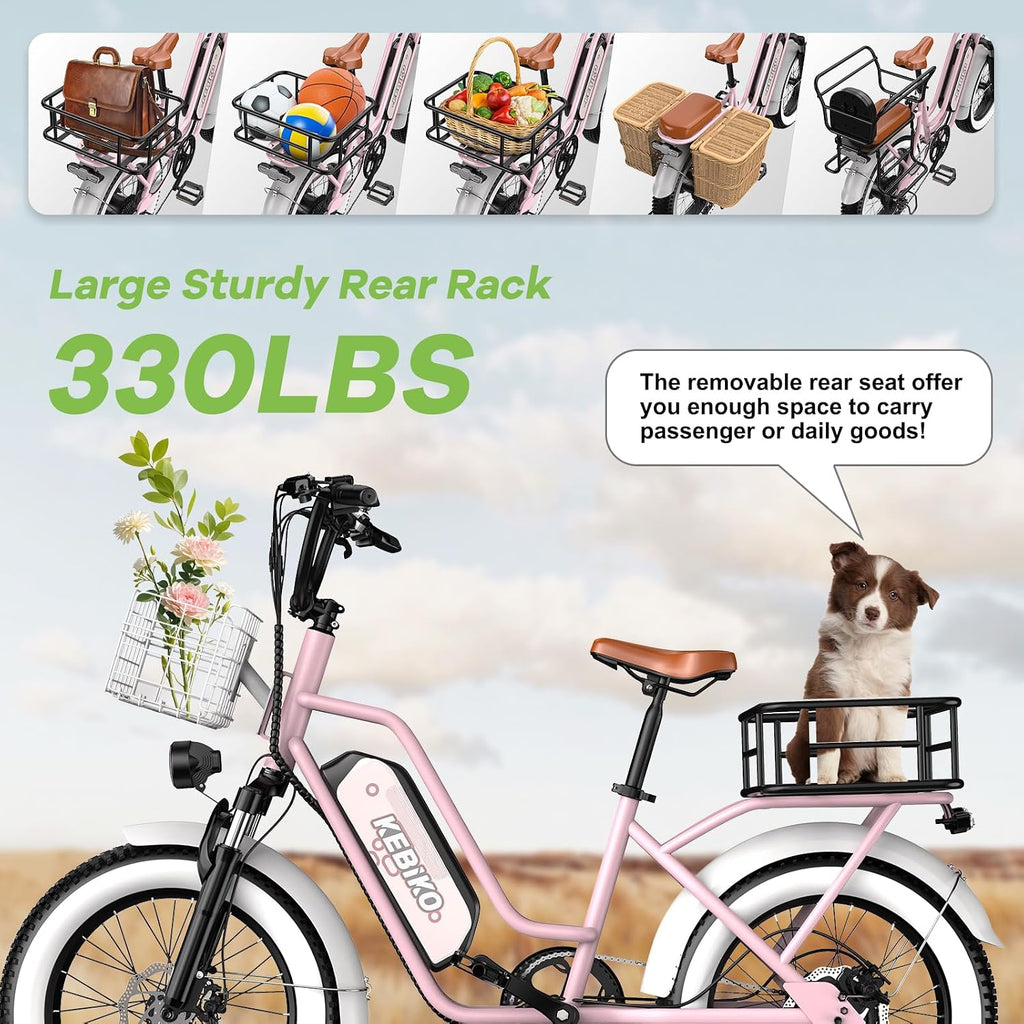 Electric Bike for Adults, 20'x 4' Fat Tire 35MPH Cargo Ebike with Seat, 1450W Peak 2 Seater Commute Bike with 48V 20AH Removable 960WH Battery, 80 Miles Max Range 7-Speed Step-Thru Electric Bicycle