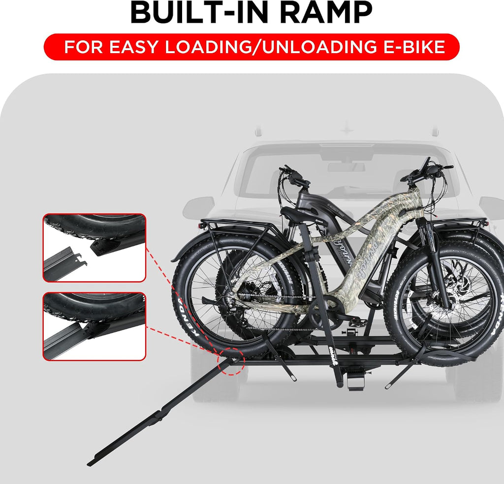 Young Electric Bike Rack for Car - Hitch Mount Ebike Rack with Ramp 200LBS Foldable Bike Carrier for SUVs Trucks Vans RV with 2' Receiver, Aluminum Bicycle Racks for 5' Fat Tire