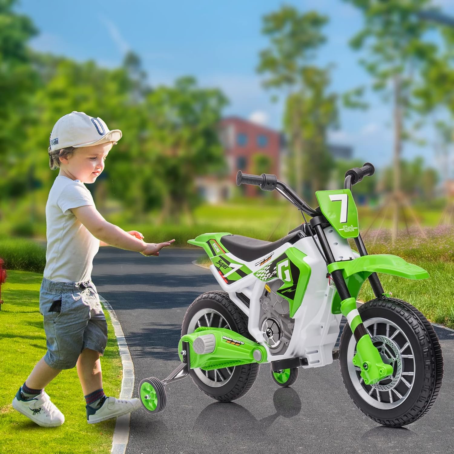 Electric Dirt Bike for Kids 12V Battery Powered Electric Motorcycle for Kids Ride On Toy Rechargeable Electric Motorbike with Training Wheels 2 Speeds Music Shock Absorber, Green