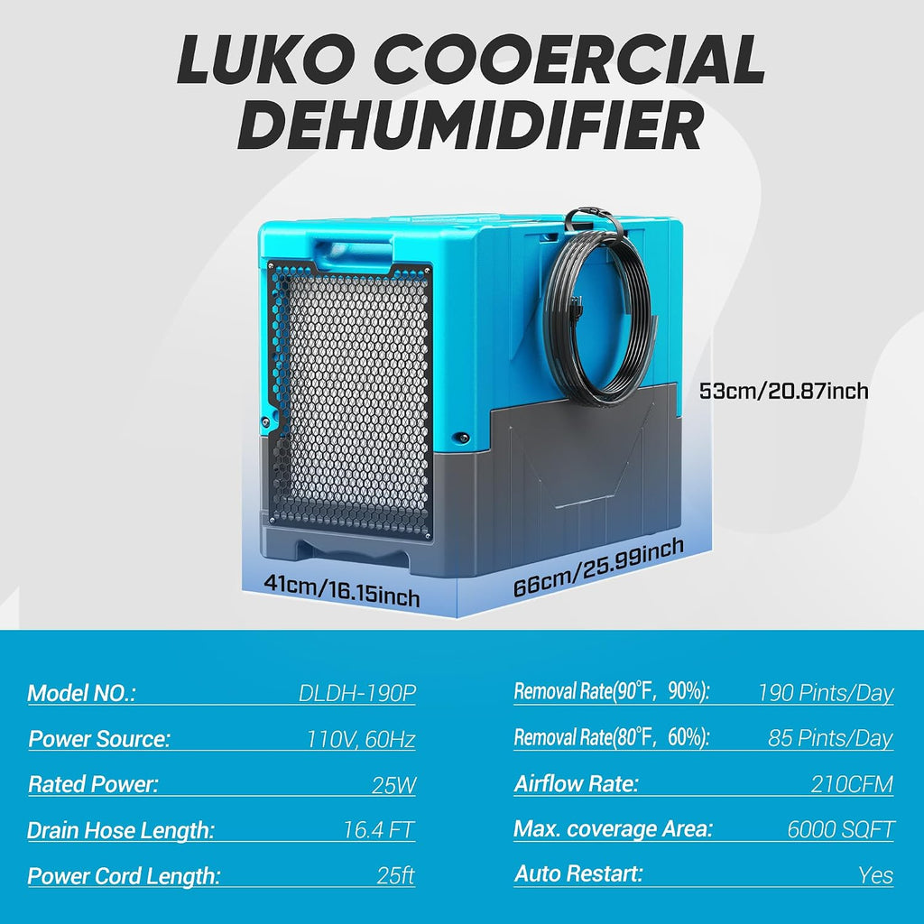 190Pints Commercial Dehumidifier for Basements with Pump Drain Hose, LGR Dehumidifiers with Wheels, Crawl Space Ddehumidifier for Basement, Warehouse and Garages Up to 6000 Sq.Ft, Blue-2026 Upgraded