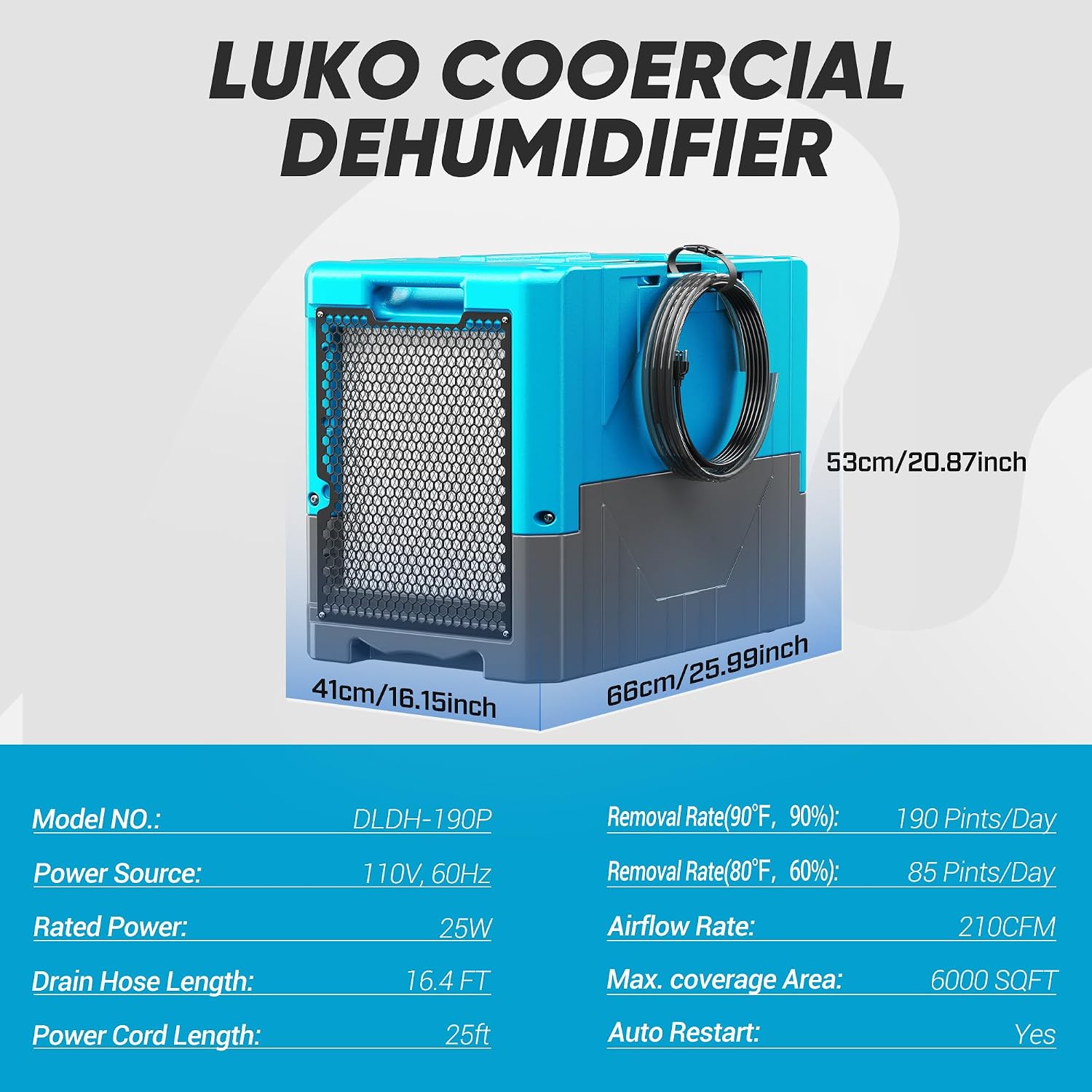 190Pints Commercial Dehumidifier for Basements with Pump Drain Hose, LGR Dehumidifiers with Wheels, Crawl Space Ddehumidifier for Basement, Warehouse and Garages Up to 6000 Sq.Ft, Blue-2026 Upgraded
