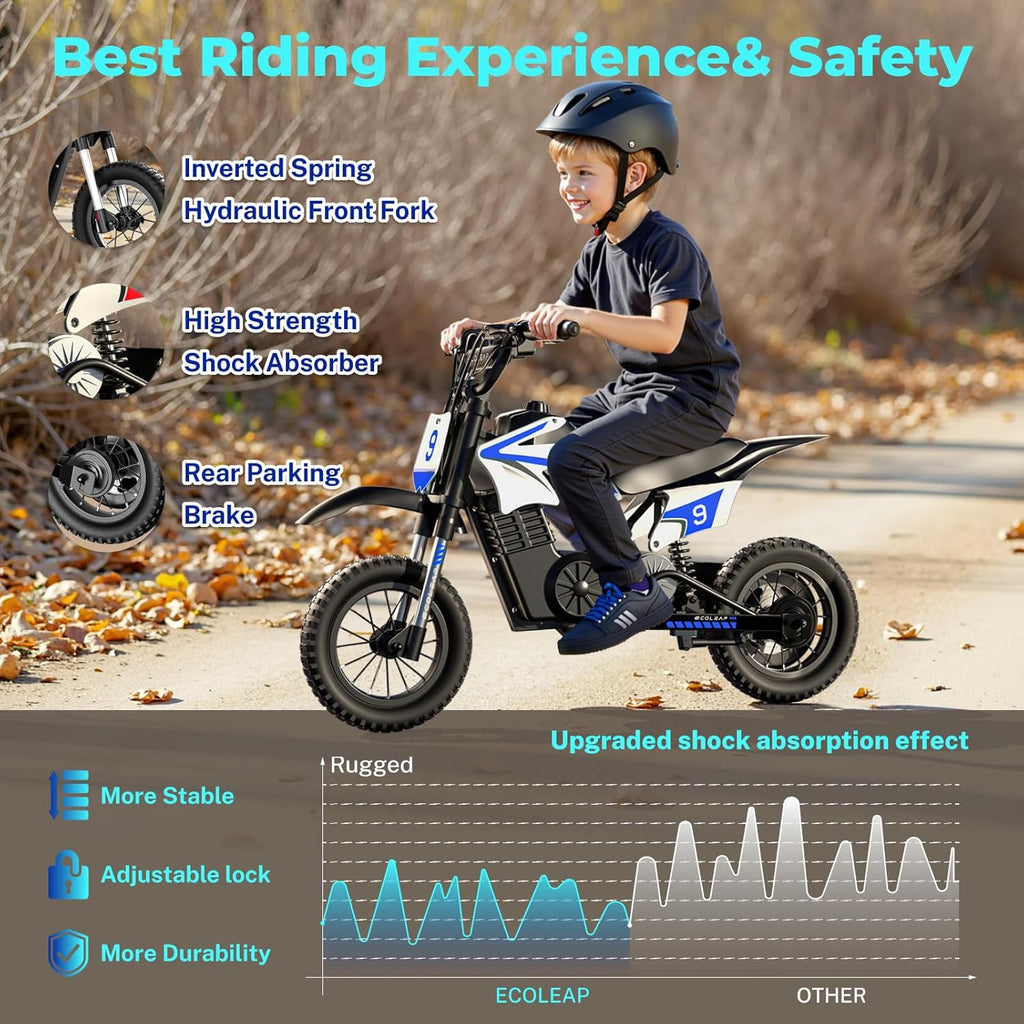 ECOLEAP K1 Kids Electric Dirt Bike 36V Motorcycle, 16MPH Fast Speed 14 Mile Long-Range, 700W Peak 3-Speed Modes Electric Bike for Kids Ages 3-10
