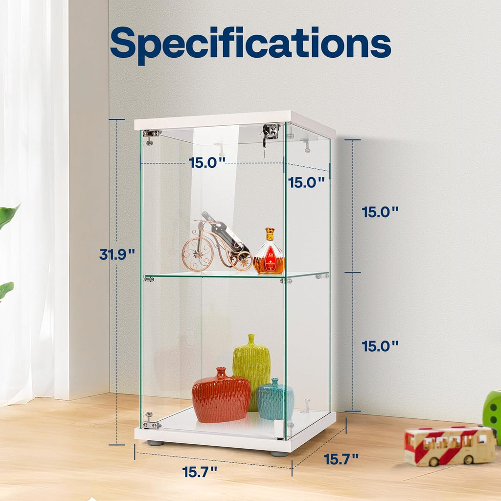 VIVOHOME 2 Layers 15.7''W x 15.7''D x 31.9''H Glass Display Cabinet Showcase Countertop with Lock, Tempered Glass 25mm MDF Base