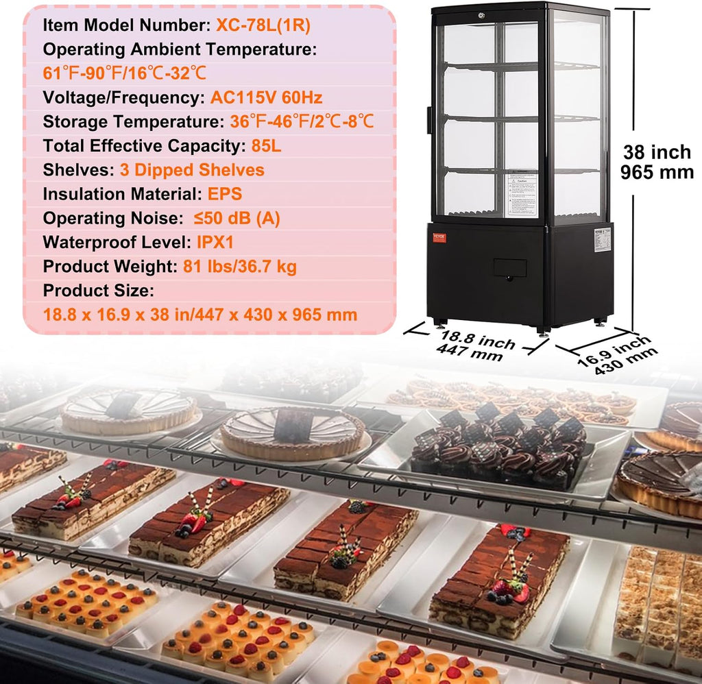 VEVOR XC-78L(1R) Cake Refrigerated 3 Cu.Ft./85L Countertop Pastry, Commercial Display Case with LED Lighting, TURBO, Frost-Free Air-Cooling, Locked Door for Bakery, 18.8 x 16.9 x 38 in, Black