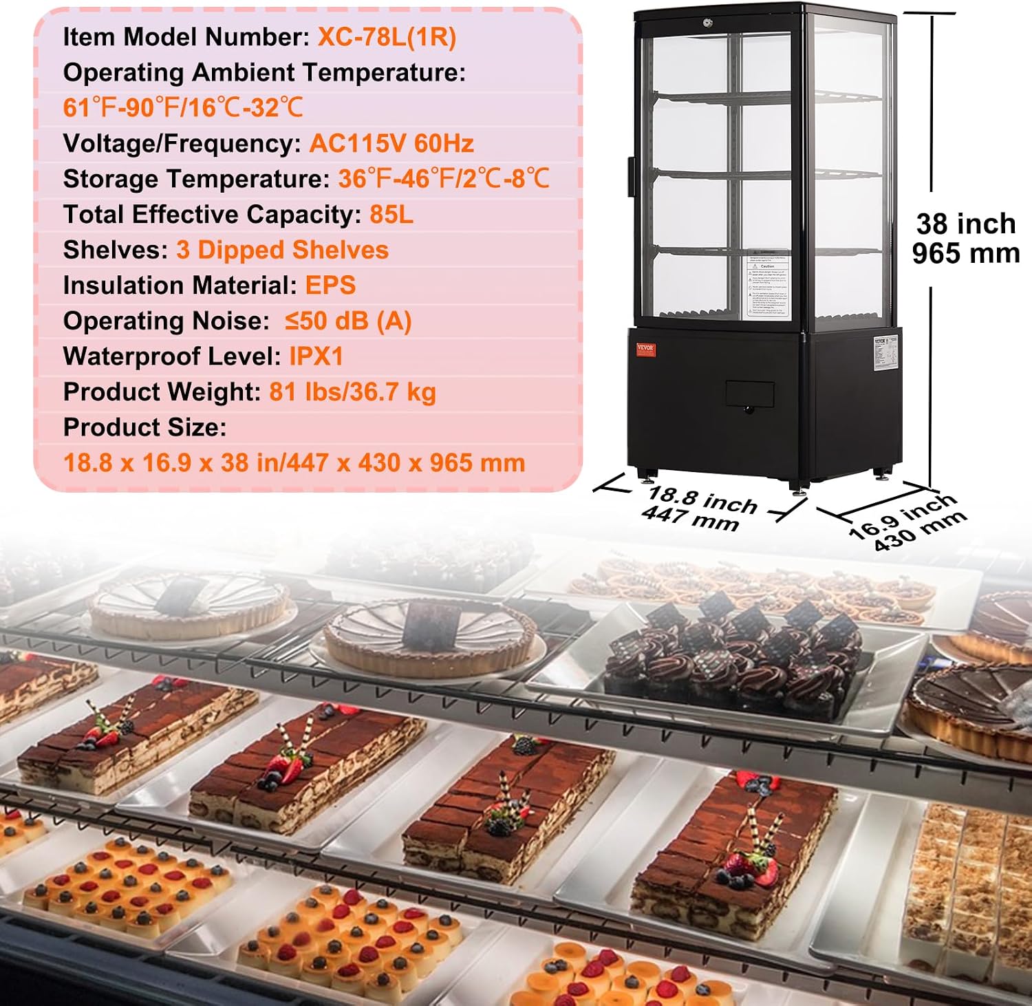 VEVOR XC-78L(1R) Cake Refrigerated 3 Cu.Ft./85L Countertop Pastry, Commercial Display Case with LED Lighting, TURBO, Frost-Free Air-Cooling, Locked Door for Bakery, 18.8 x 16.9 x 38 in, Black