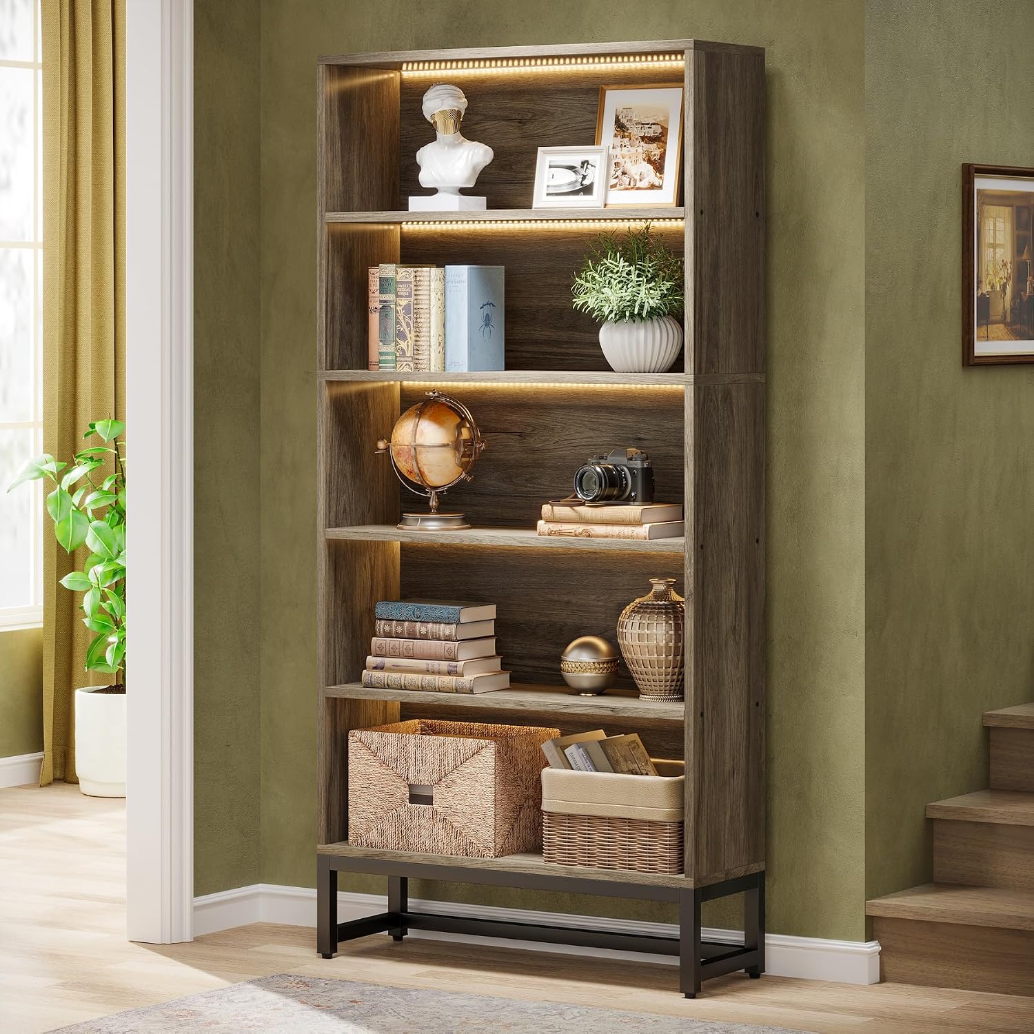 Tribesigns Tall Bookcase Bookshelf, 70.8' Large Bookcases Organizer with LED Lights, Heavy Duty Free-Standing Library Bookshelf with 5-Tier Storage Shelves for Living Room, Bedroom (Gray)