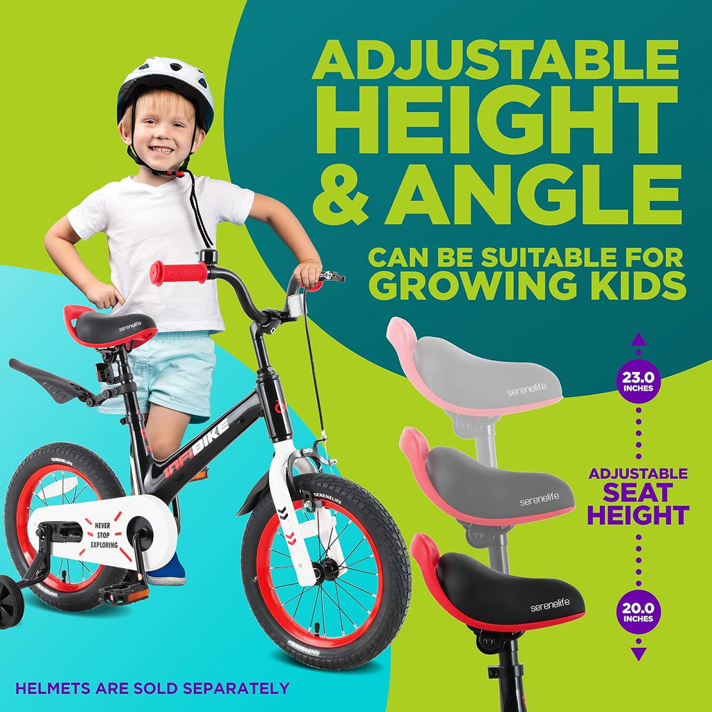 SereneLife Kids Bike with Training Wheels - Toddlers Bicycle w/Adjustable Seat Height, Alloy Steel Frame, Dual Brake System, Full Chain Guard, Reflector, Bell, Kickstand