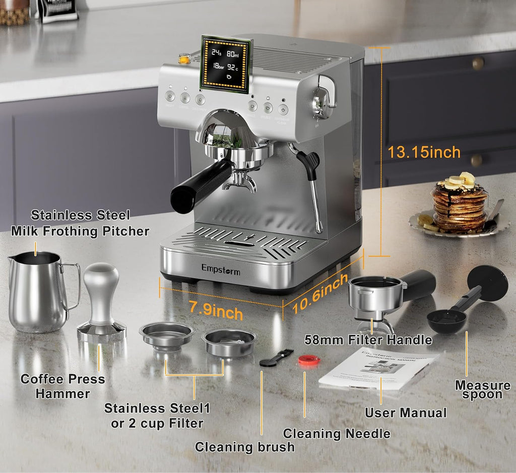 20 Bar Espresso Machine with Milk Frother Steam, Compact Stainless Steel Espresso maker with LED Display Cold Brew & Hot Coffee Maker, Professional Cappuccino Expresso Machine for Home and Office