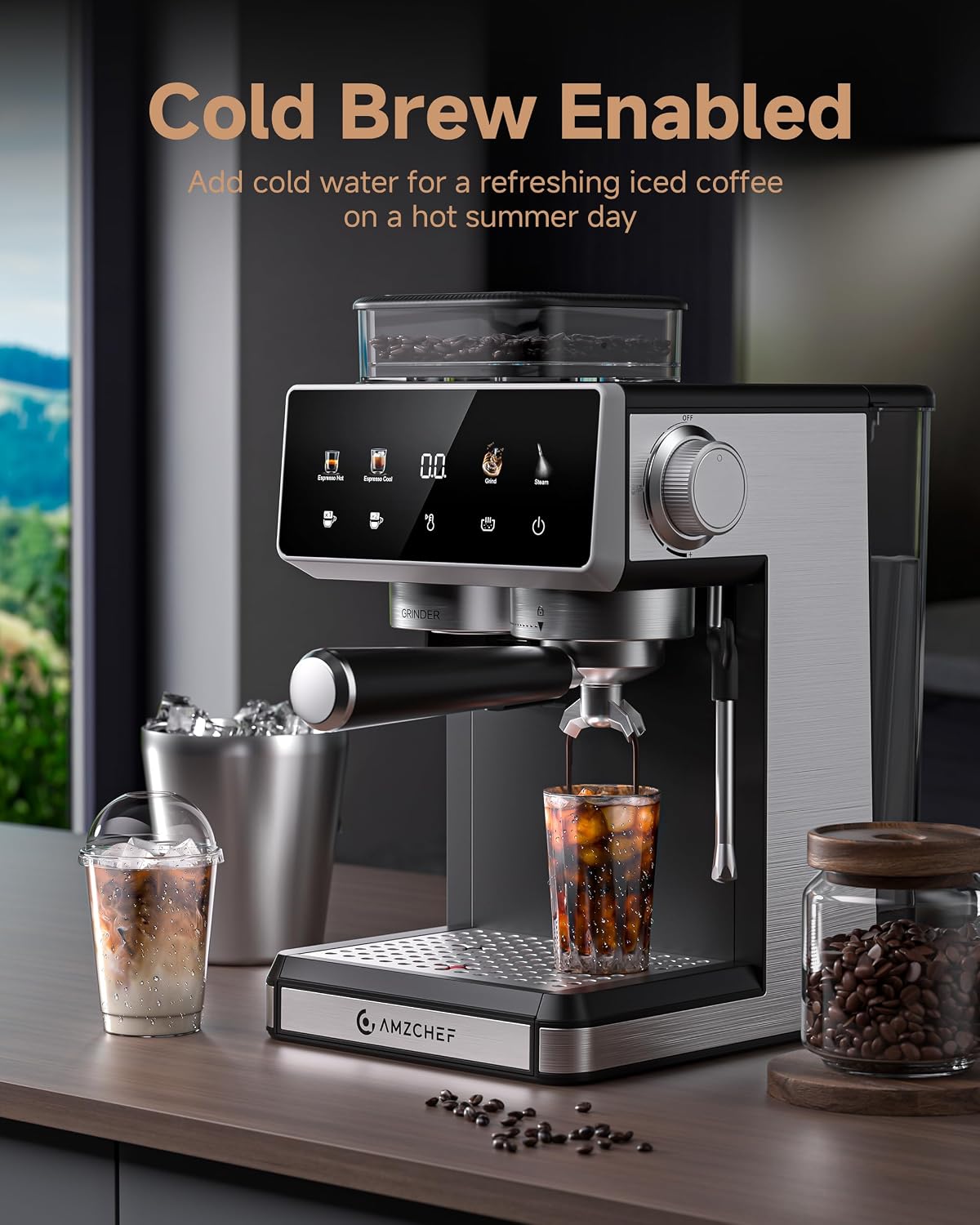 AMZCHEF 20 Bar Espresso Machine with Grinder - 3 Temp Coffee Machine with 20 Grinding Settings, Hot/Cold Brew Espresso Maker with Milk Frother, Coffee Maker for Latte/Cappuccino,61oz Water Tank, Black