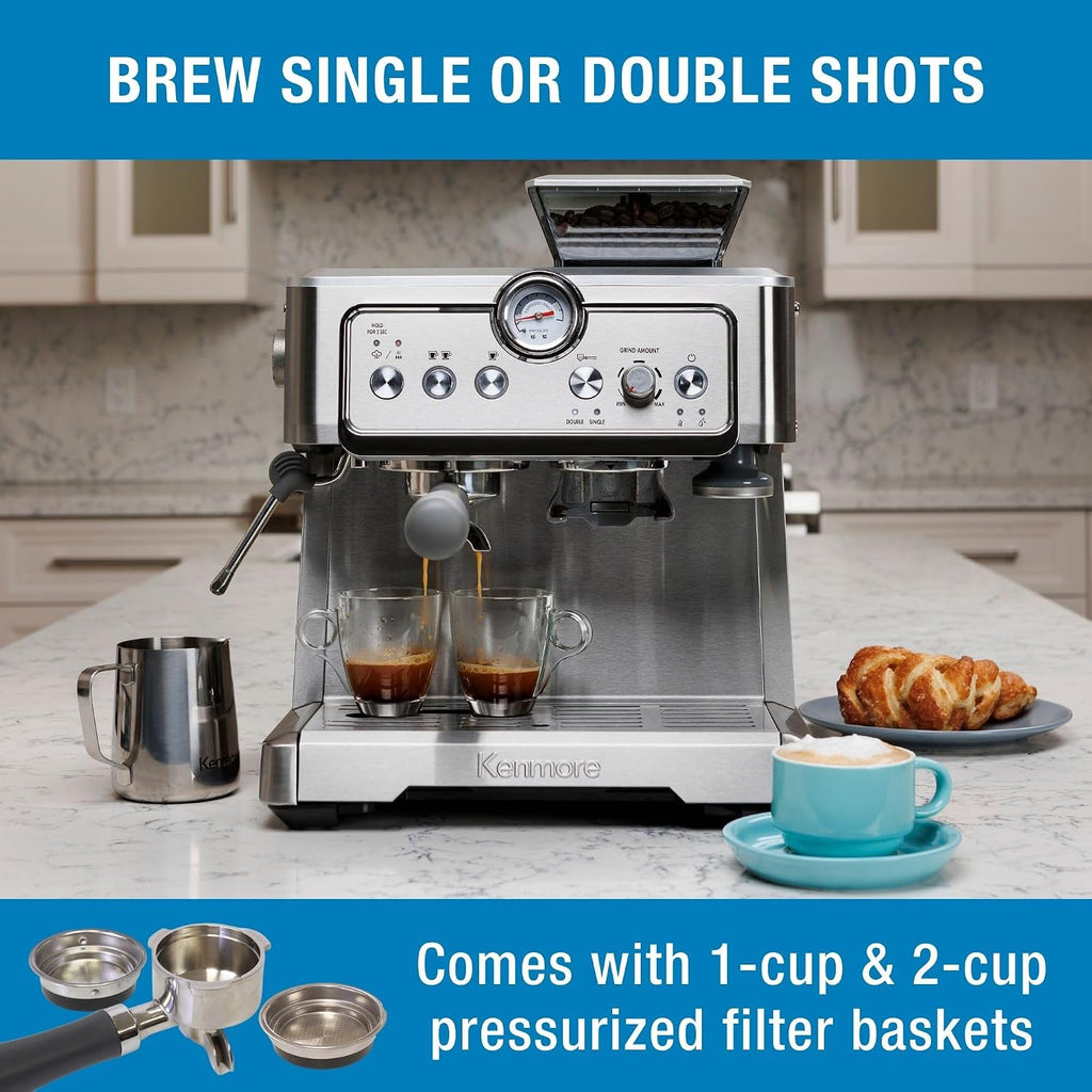 Kenmore Espresso Machine – Automatic Coffee Maker with Manual Tamper, Auto Cleaning, Milk Steamer & Frother, Bean Grinder, Brew Professional Barista Style Cappuccino, Café Latte