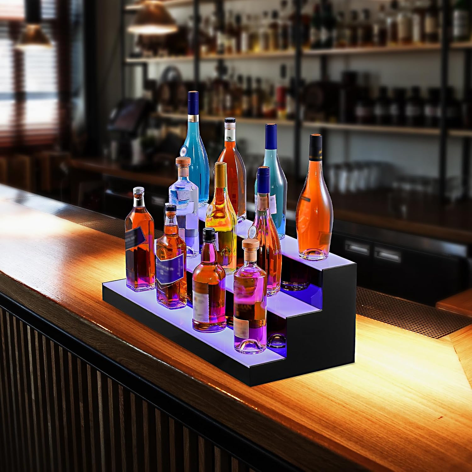 VEVOR LED Lighted Liquor Bottle Display, 3 Tiers 30 Inches, Supports USB, Illuminated Home Bar Shelf with RF Remote & App Control 7 Static Colors 1-4 H Timing, Acrylic Lighted Shelf for 24 Bottles
