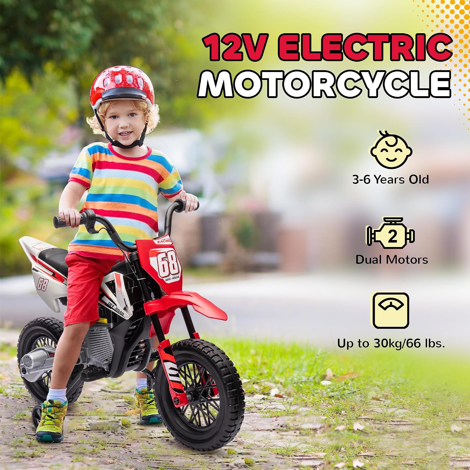 Qaba Kids Dirt Bike with Twist Grip Throttle, 12V Electric Motorcycle, Electric Bike for Toddler with Training Wheels, Rear Suspension & Music for Ages 3-6 Years, Red