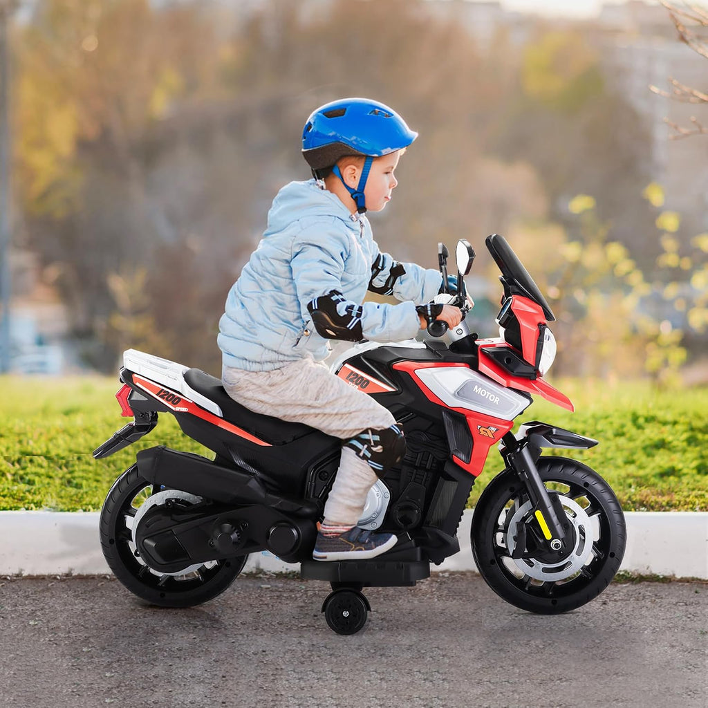 TOBBI Kids Motorcycle Electric Dirt Bike Toddler Motorcycle with Training Wheels 12V Ride on Toys Battery Powered Motor Bike w/Music Headlights for Children, Red