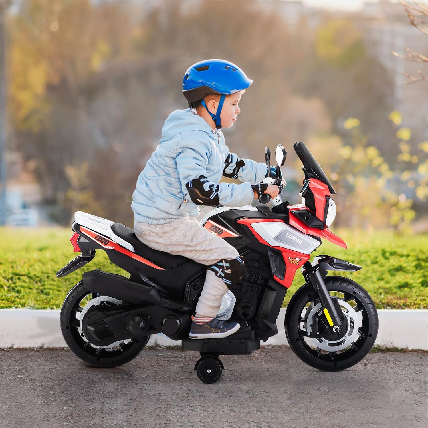 TOBBI Kids Motorcycle Electric Dirt Bike Toddler Motorcycle with Training Wheels 12V Ride on Toys Battery Powered Motor Bike w/Music Headlights for Children, Red