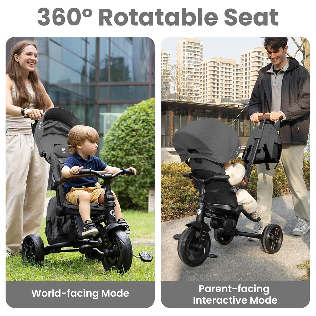 QPlay Toddler Bike Stroller for Baby 10 Months to 6 Years Old, 8-in-1 Foldable Stroller Bike for Toddlers 3-5 Boys & Girls Gifts Trike — Adjustable Handle, Triple Footrest, Canopy & Storage Bag