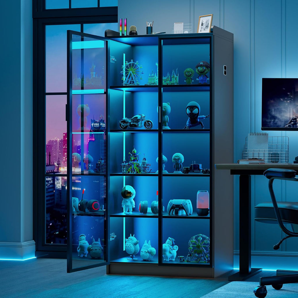 Lvifur 5 Tier Display Cabinet for Living Room, LED Bookcase with Human Body Induction Lights, 65' Tall Curio Cabinets with Adjustable Shelves for Office (Black)