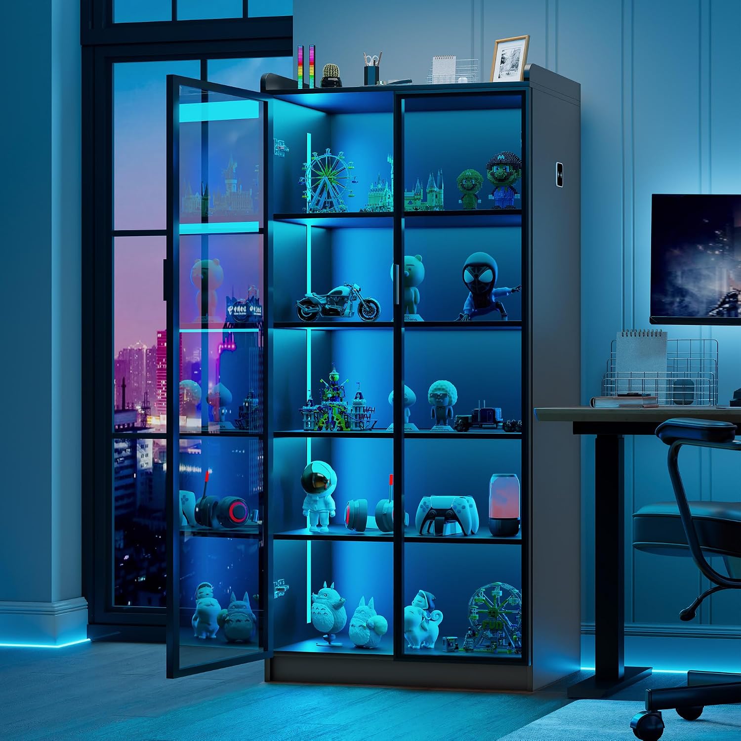 Lvifur 5 Tier Display Cabinet for Living Room, LED Bookcase with Human Body Induction Lights, 65' Tall Curio Cabinets with Adjustable Shelves for Office (Black)
