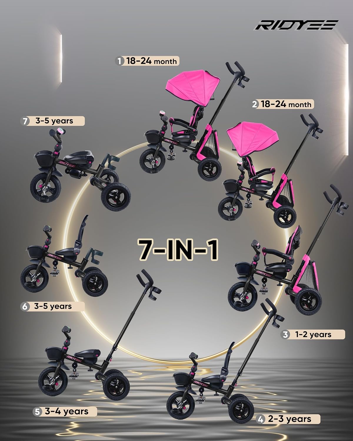 RIDYEE 7-in-1 Folding Toddler Tricycle for 18 Months to 5 Years, Tricycle Stroller with Dual Brakes, All-Terrian Rubber Tire, Tricycle for Toddlers with Rotatable Seat, Adjustable Push Handle, Pink