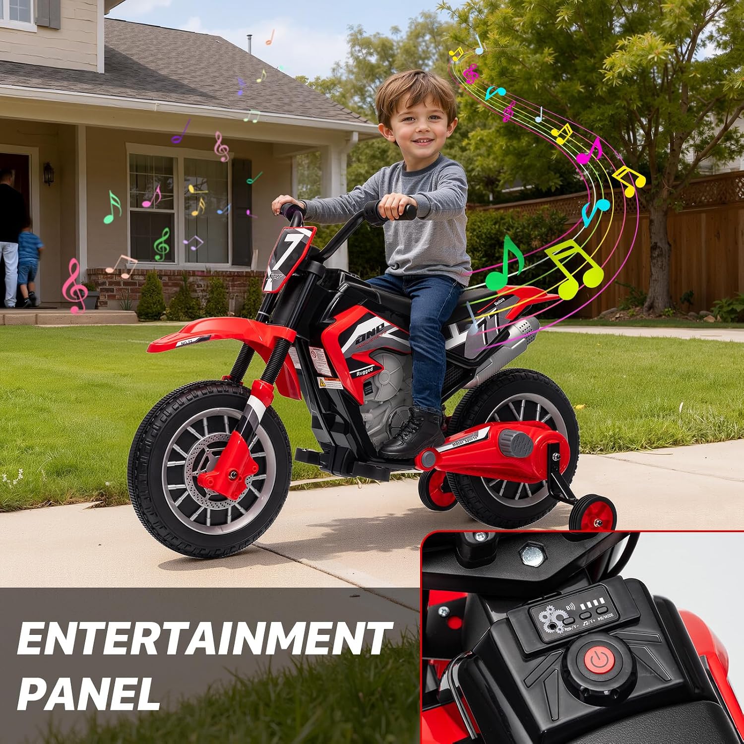 12V Kids Motorcycle w/Treaded Tires, 3.1mph Top Speed Electric Bike for Kids, Training Wheels, Music & Bluetooth, Spring Suspension, Age 3-8 Year Old, Red