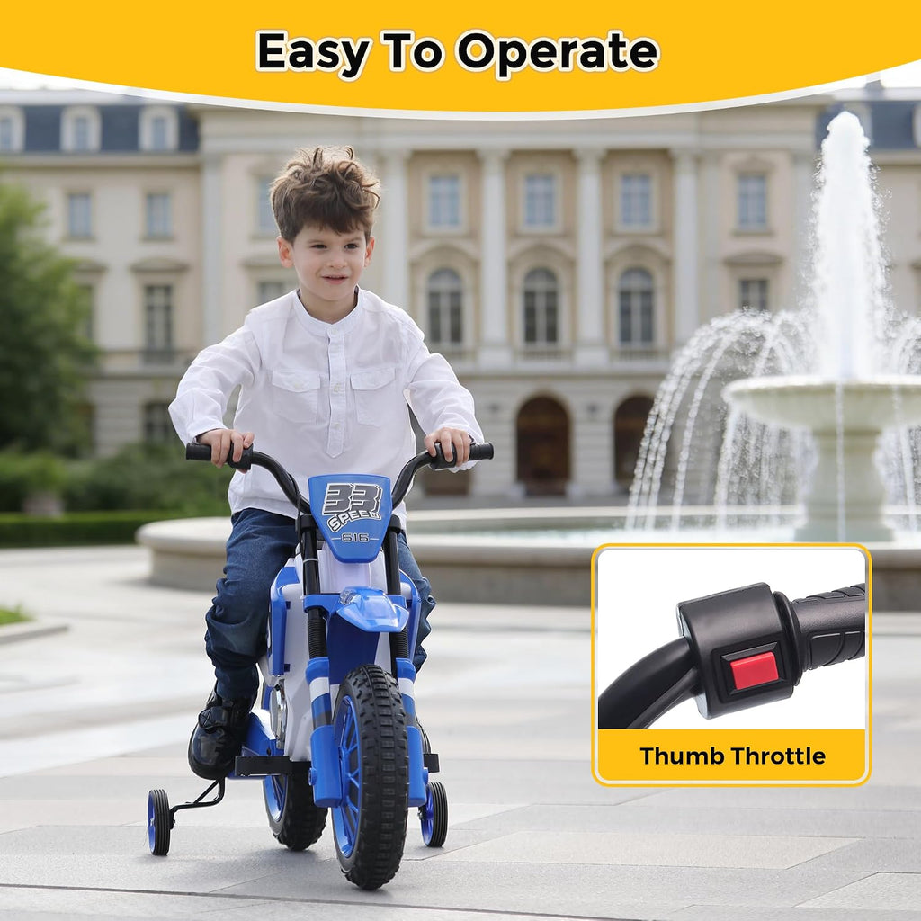 TOBBI Kids Motorcycle Dirt Bike 12V Electric Motorcycles Ride on Toys Battery Powered Motorbike Off-Road Motocross for Toddler Boys Girls 3-8 Years w/ 2 Speeds, 35W Dual Motors, Training Wheels, Blue