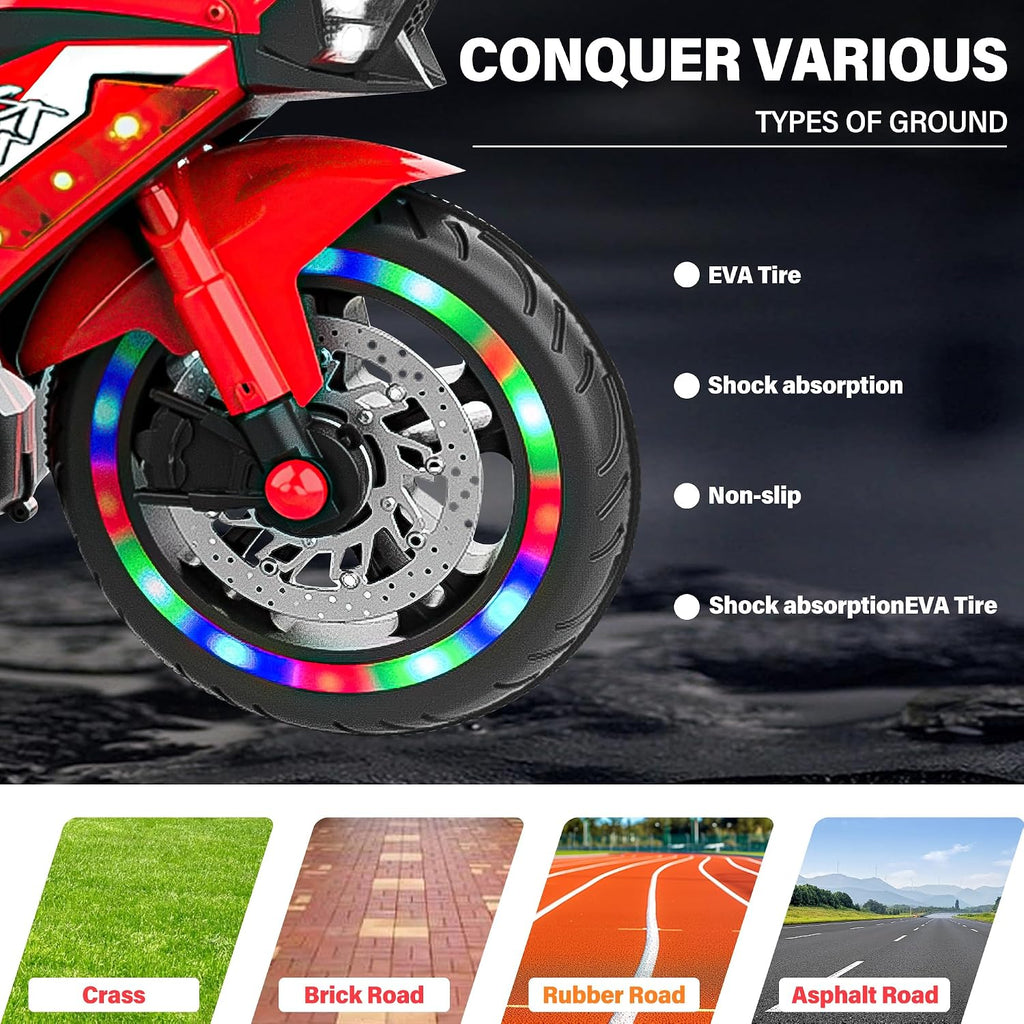 WIIS' IDEA Kids Ride On Motorcycle,12V Electric Battery Powered Ride On Bike,3 Wheels Electric Motorcycle for Kids Ages 3-6 Years with Hand Racing,LED Light-Emitting Tyres,PU seat,Toy Gifts,Red
