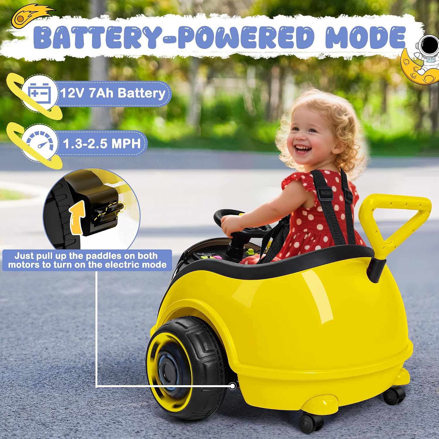 ANPABO 3-in-1 Electric Push Ride On Car, 12V Kids Ride On Toy w/Remote Control, 360° Spin, LED Display, 5-Point Safety Belt, Colorful LED Light, Music Player, Push Car for Toddler Ages 1-3 (Yellow)