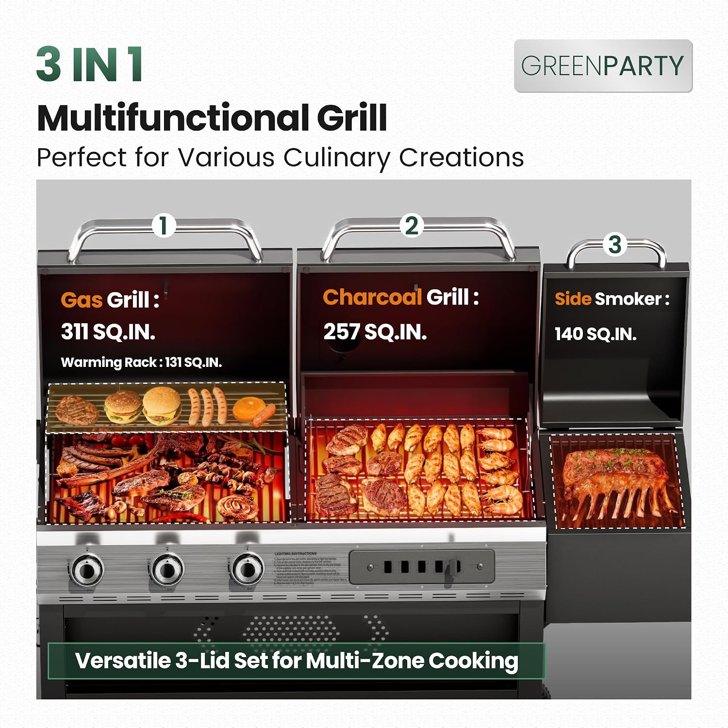 3-Burner Gas and Charcoal Grill Combo with Offset Smoker, 30,000 BTU Dual Fuel Grill, 839 Sq. In. Cooking Area BBQ Grill, Ideal for Outdoor Cooking Patio Backyard Balcony
