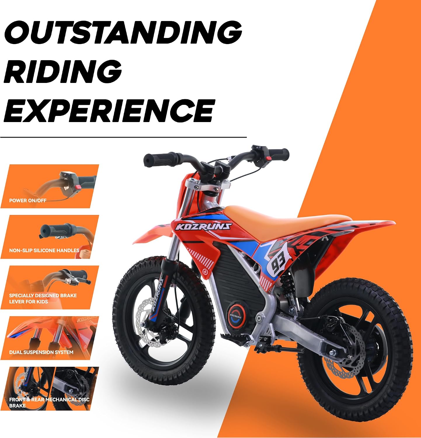 OLALA 36V Electric Dirt Bike for Kids 4-8, 350W Brushless Motor with 3-Speed Control, 18.6 MPH Max Speed, 14' Off-Road Tires Motorcycle, for Boys & Girls, Orange