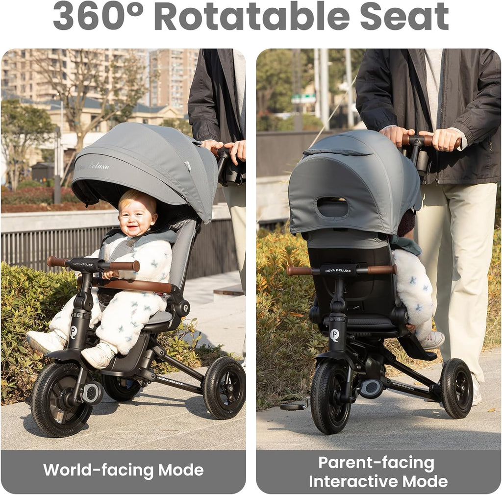 QPlay Baby Bike Stroller for Age 10 Months to 6 Years Old,8 in 1 Folding Toddler Bike Stroller with Removable Canopy & Guardrail Rotatable Seat -Tricycle for Toddlers Age 3-5 Boys & Girls Gift Trike