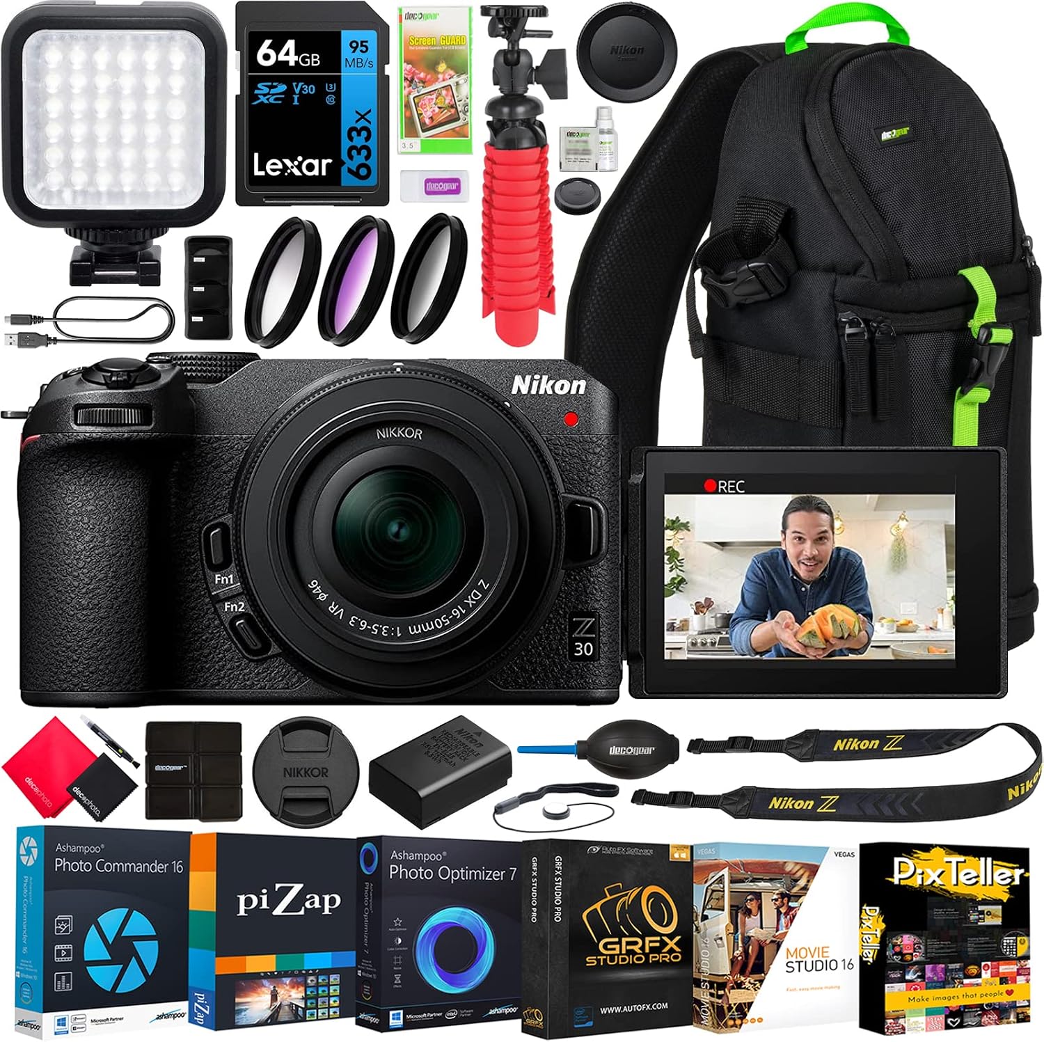 Nikon Z30 Mirrorless Camera Body 4K UHD DX-Format with NIKKOR Z DX 16-50mm F3.5-6.3 VR Lens Bundle 1749 w/Deco Gear Photography Backpack + LED + Filter Kit + Tripod + 64GB + Software & Accessories