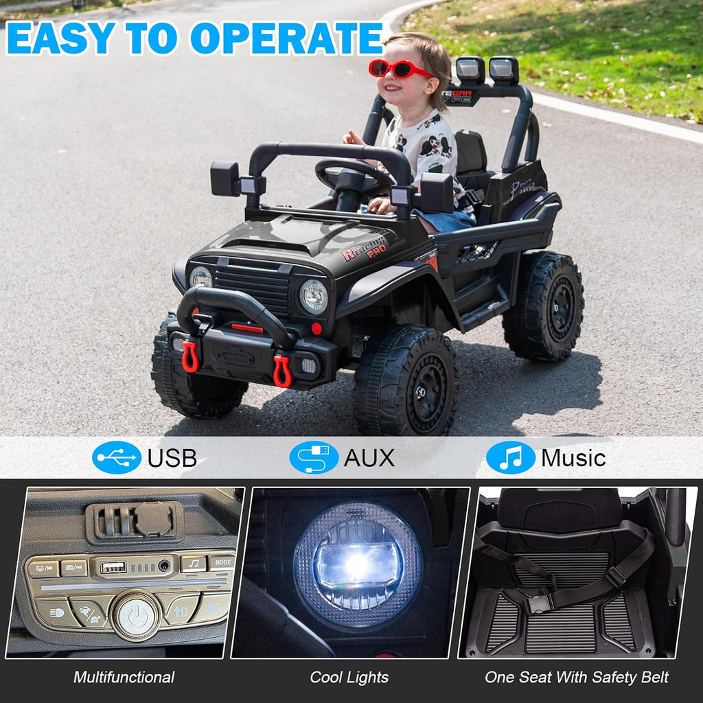 RunFast 24v Kids Ride on Car with Parent Remote Control,Electric Ride on Toys for Kids 3-5,3.7mph Max Speed,Battery Powered,Large Seat with Safety Belt,Aux Port,Gift for Boy&Girl (Black, 24V)
