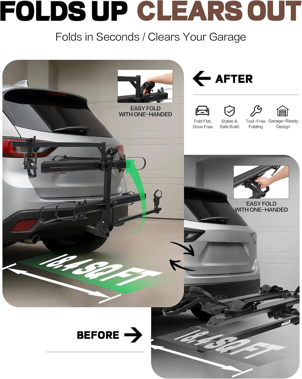 Young Electric Bike Rack for Car - Hitch Mount Ebike Rack 200 lbs Capacity E-Bike Carrier for Cars Trucks SUVs Minivans RV with 2'' Receiver, Foldable Bike Racks for Up to 5'' Fat Tire Bicycle