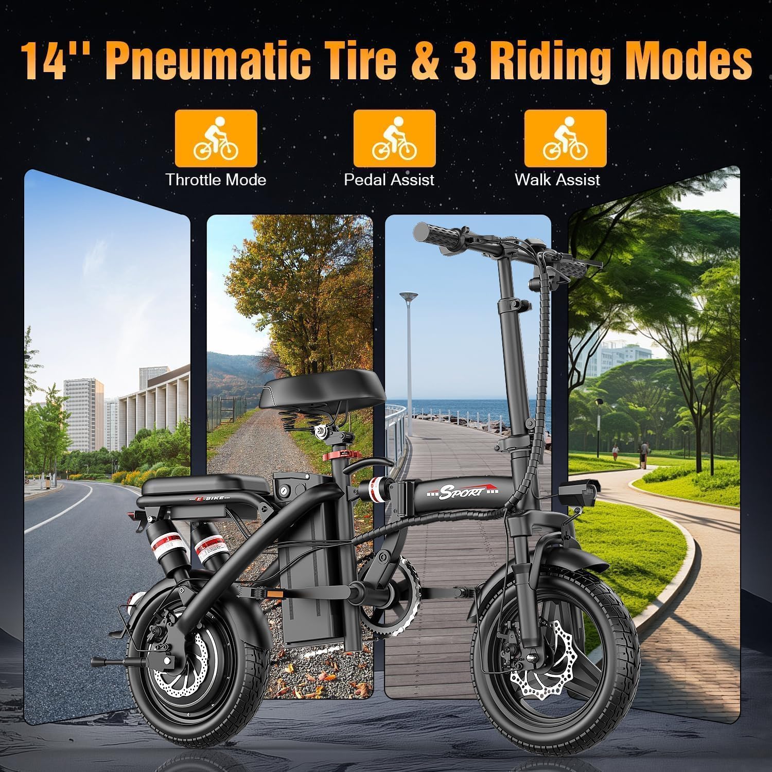 ASKGO Electric Bike for Adults Teens, 800/1200W Peak Folding Ebike, 22/25MPH & 30/45 Miles Range, Dual Suspension & Dual Brake, 3-Speed Modes, 14' Portable Electric Mini Bike, Commuting Ebike