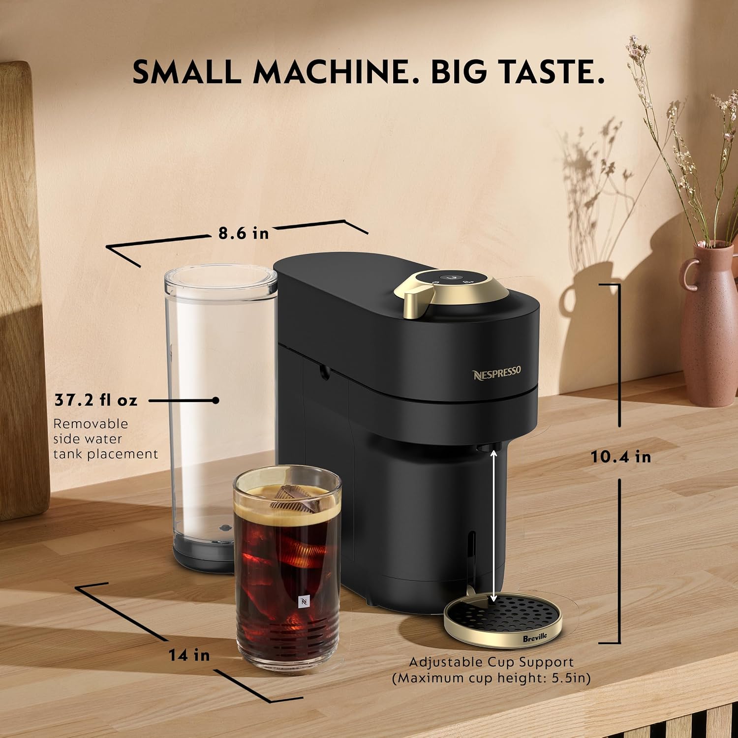 Nespresso Vertuo Pop+ Deluxe Coffee and Espresso Maker by Breville with Milk Frother, Matte Black Gold
