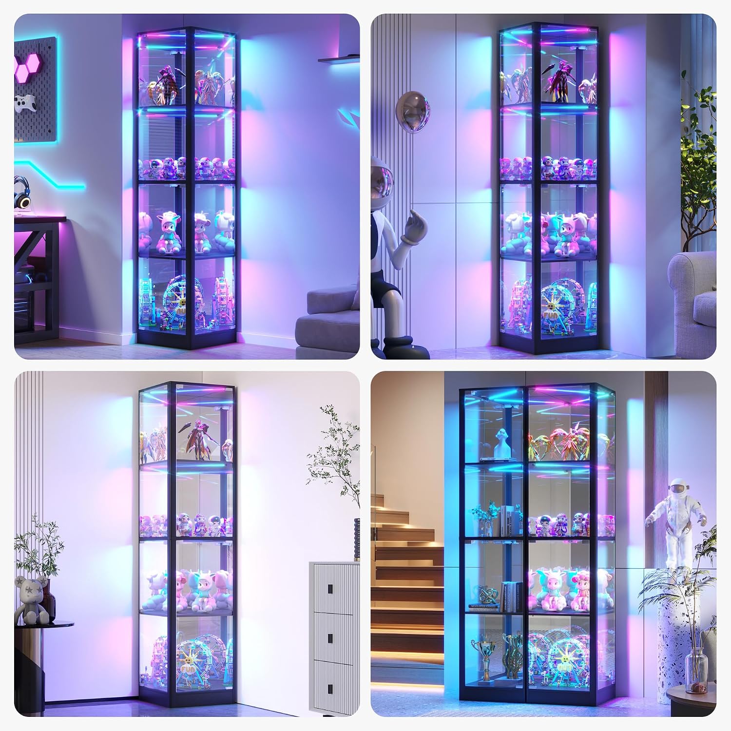 Glass Display Cabinet with RGB Lights- 68' Display Case with 4-Tier Shelfs, Corner Curio Cabinets for Collectibles/Toys/Books, LED Storage Cabinet, Black