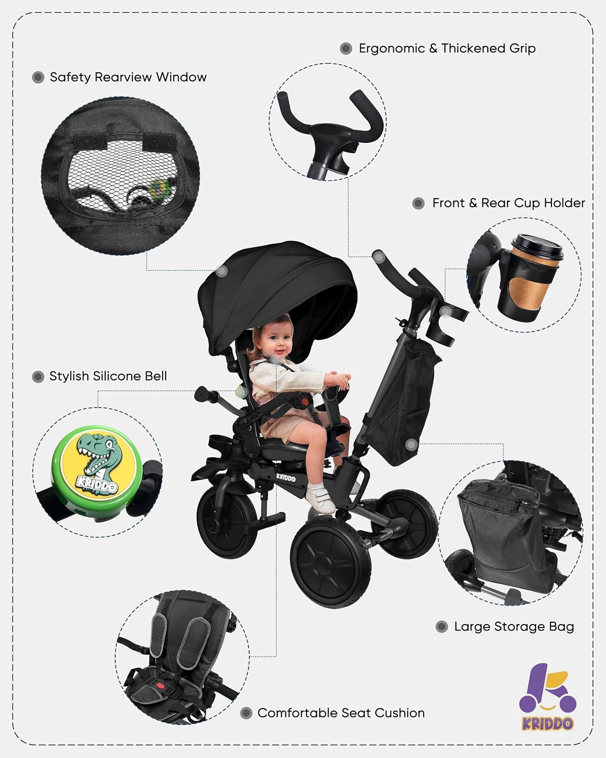 KRIDDO 8-in-1 Foldable Tricycle Stroller for Toddlers 18 Months to 5 Years, 5-Point Seatbelt, 1-Step Brake Pedal, Extended Canopy, Triple Footrest, Safety Rearview Window, Detachable Guardrail, Grey