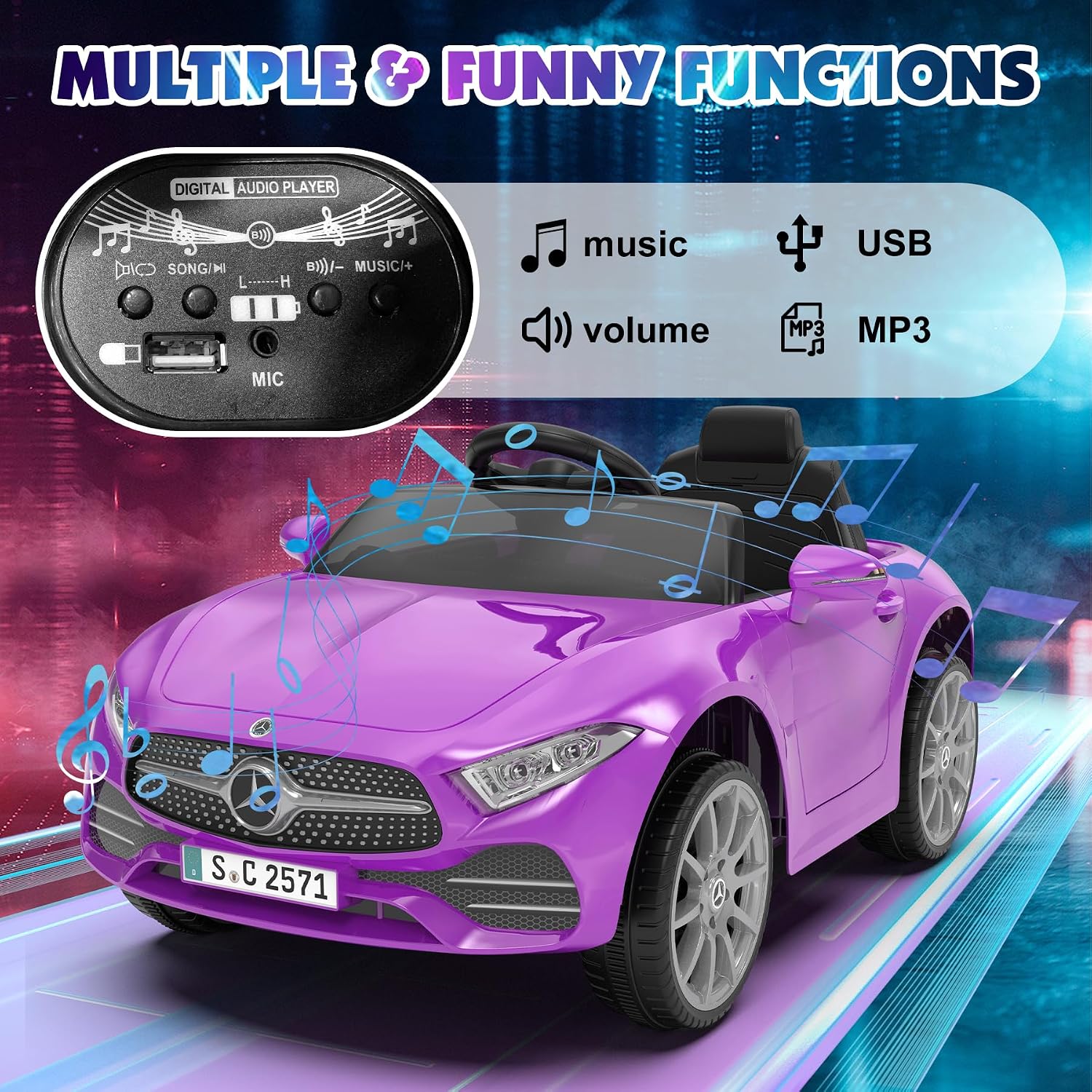 12V Kids Ride On Car with 2.4G Remote Control,Battery Powered Electric Car Ride On Vehicle Double Doors, Safety Belt,LED Light (SC-Purple)
