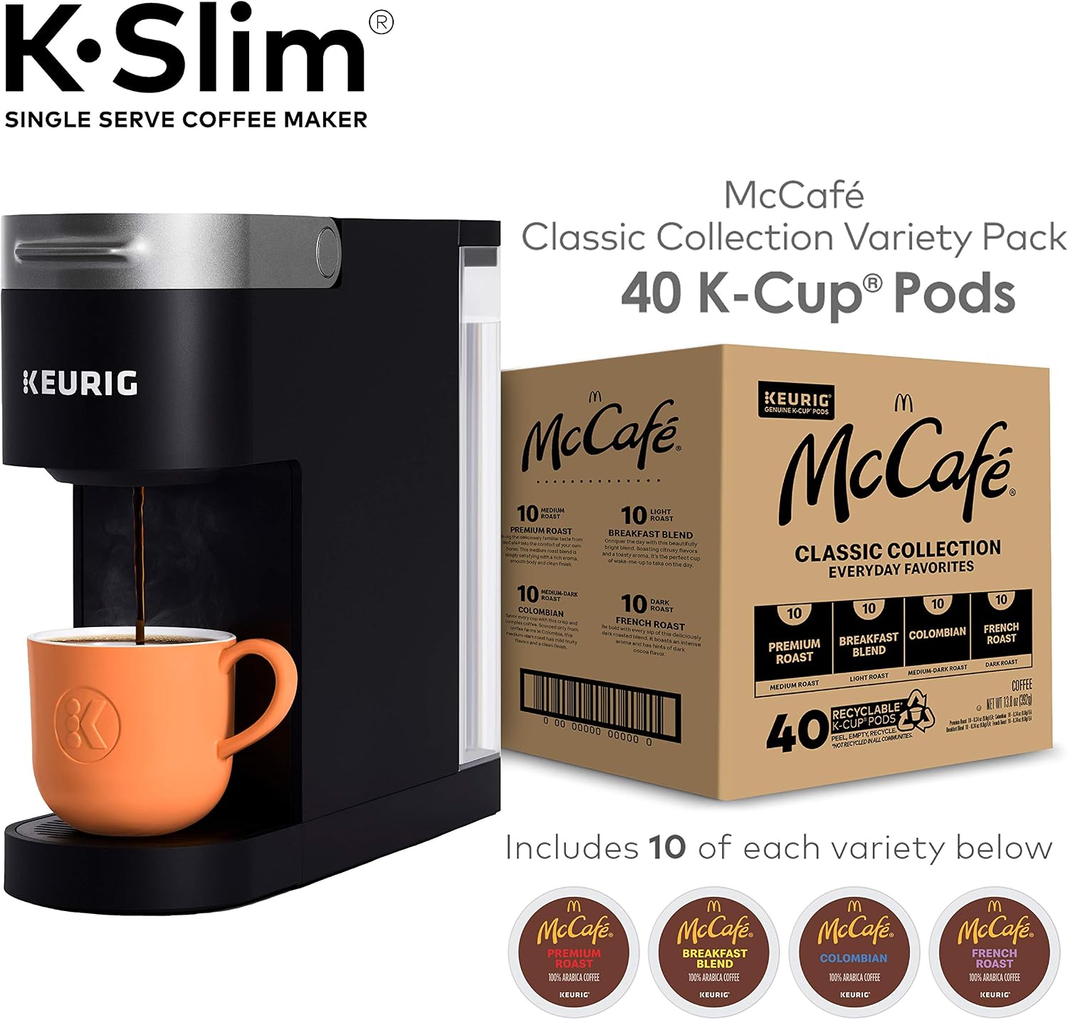 Keurig K-Slim Single Serve Coffee Maker with McCafé Classic Collection Variety Pack, 40 Count K-Cup Pods