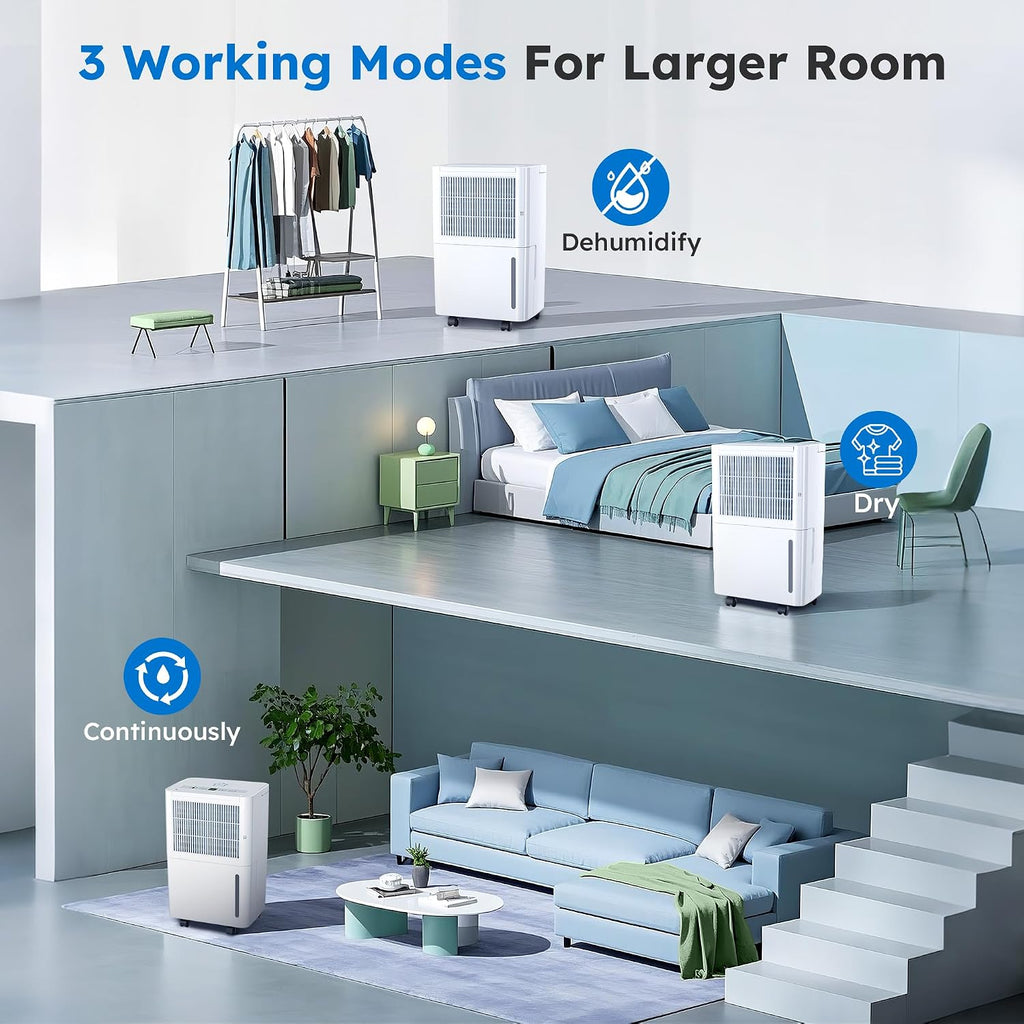2500 Sq.Ft Dehumidifiers with Drain Hose for Home, Portable 30 Pints Large Room Dehumidifier with Smart Humidity Control, 24H Timer, 3 Working Modes for Bathroom & Bedroom
