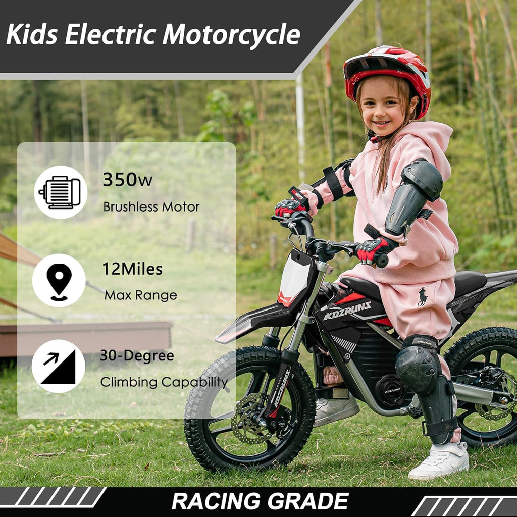 OLALA 36V Electric Dirt Bike for Kids 4-8, 350W Brushless Motor with 3-Speed Control, 18.6 MPH Max Speed, 14' Off-Road Tires Motorcycle, for Boys & Girls, Black